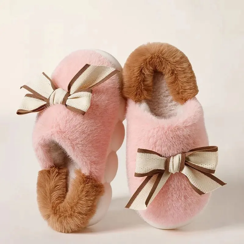Plush Fur Slippers with Bow for Girls
