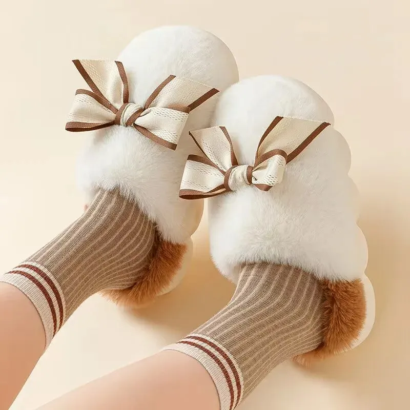 Plush Fur Slippers with Bow for Girls