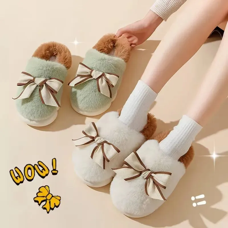 Plush Fur Slippers with Bow for Girls