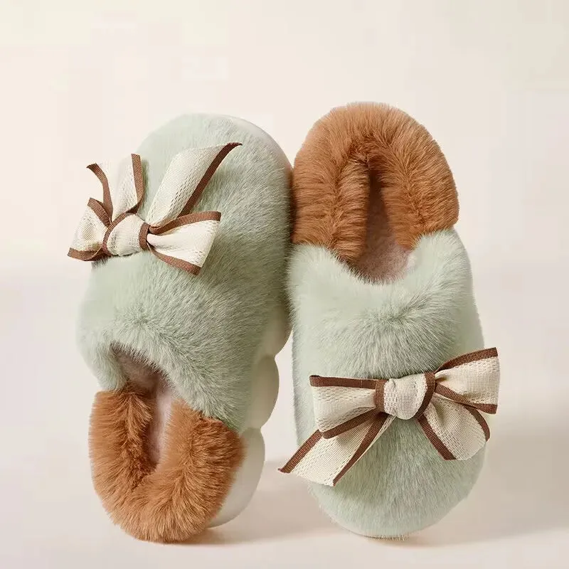 Plush Fur Slippers with Bow for Girls