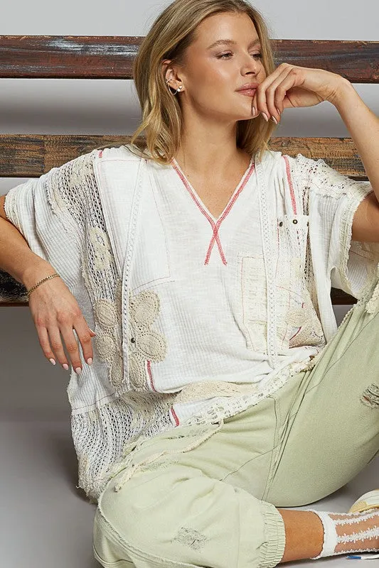 POL Lace Patchwork Half Sleeve Hooded Top