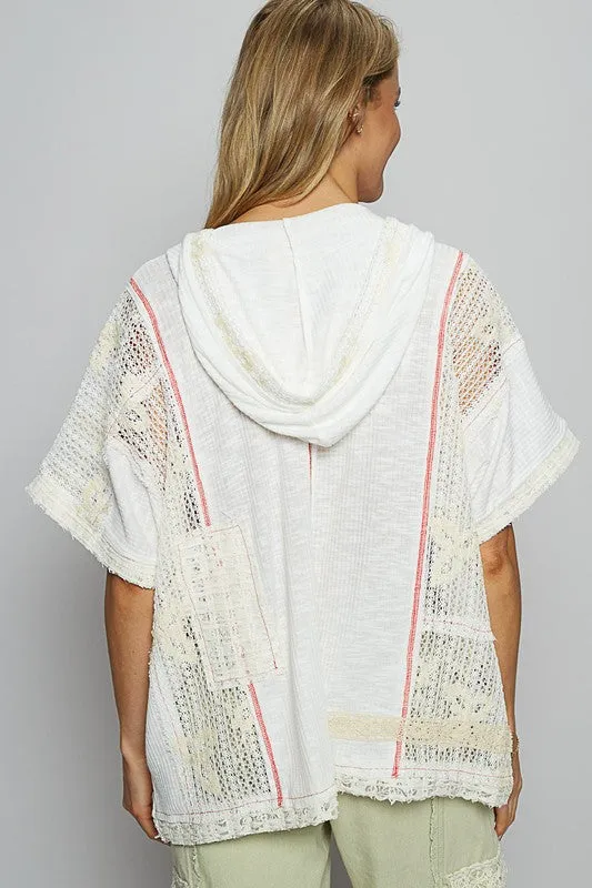 POL Lace Patchwork Half Sleeve Hooded Top