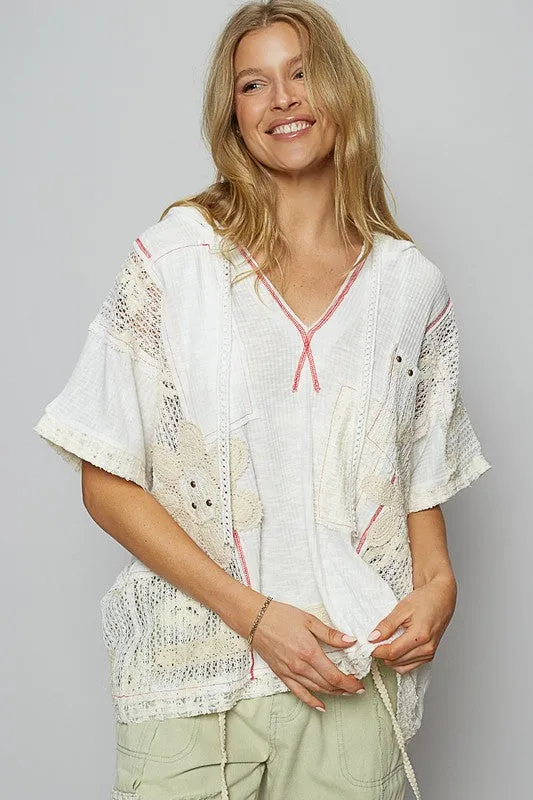 POL Lace Patchwork Half Sleeve Hooded Top