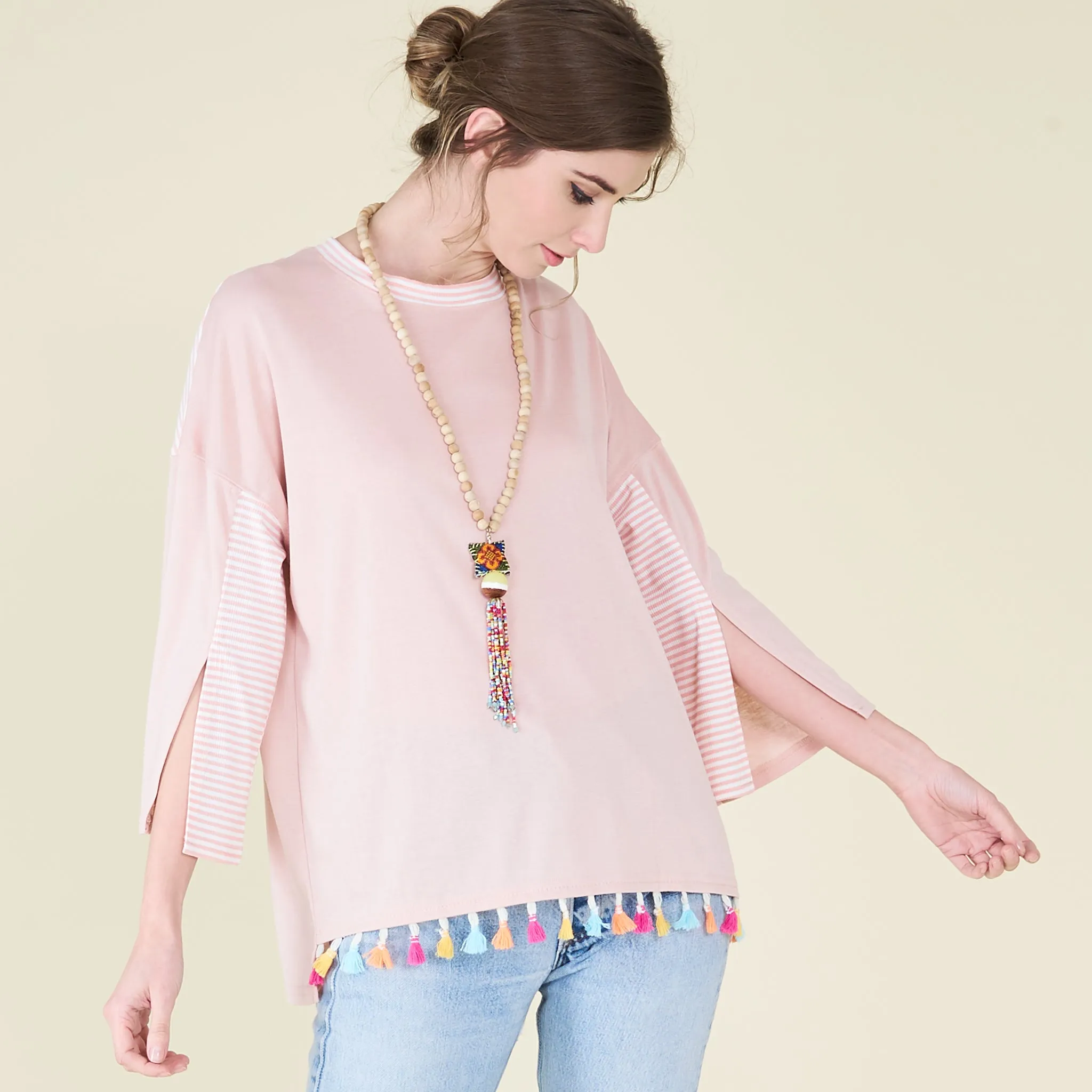 Pom Pom Trim Cape Sleeve Top
