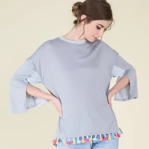 Pom Pom Trim Cape Sleeve Top