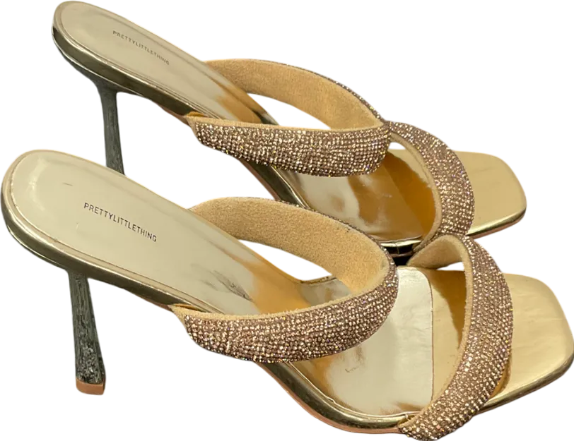 PrettyLittleThing Metallic Dimante Square Toe Padded Strap Heeled Sandals UK 8 EU 41 👠