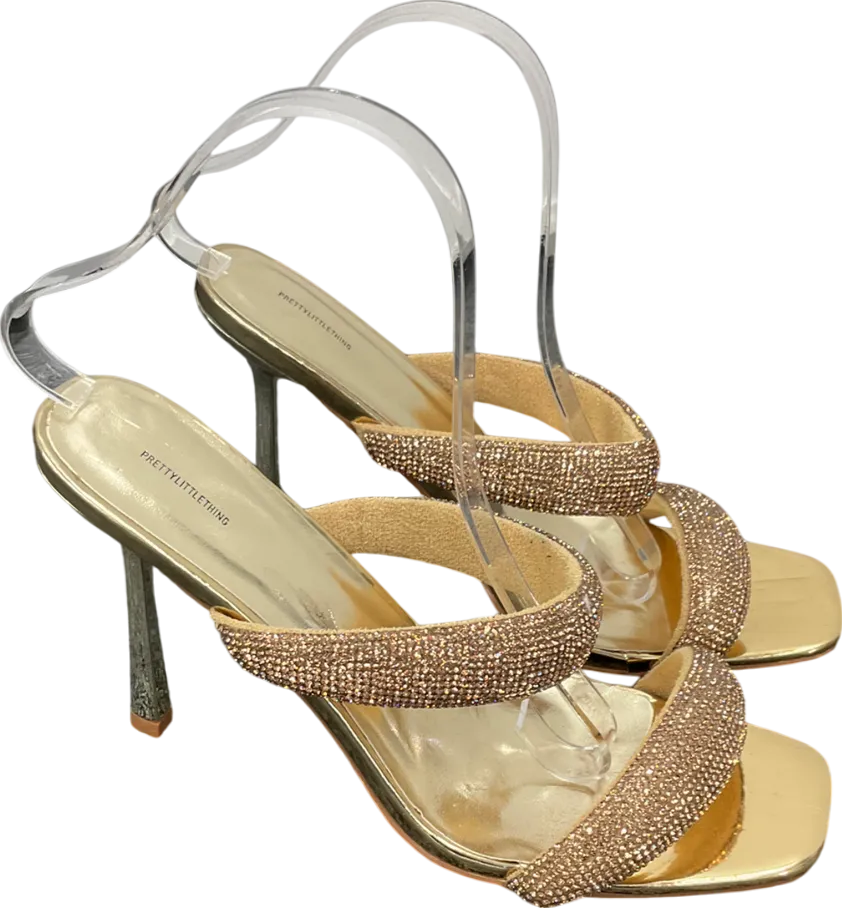 PrettyLittleThing Metallic Dimante Square Toe Padded Strap Heeled Sandals UK 8 EU 41 👠