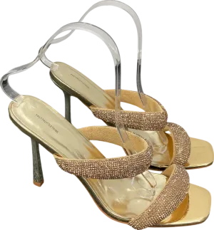 PrettyLittleThing Metallic Dimante Square Toe Padded Strap Heeled Sandals UK 8 EU 41 👠