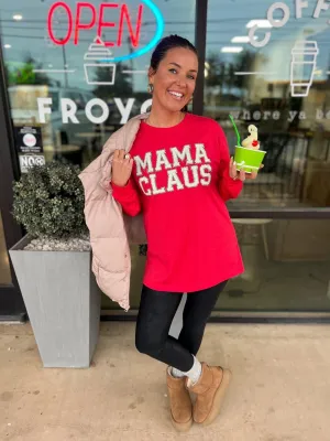 Red {MAMA CLAUS} Faux Glitter Patch Red Crew Neck Long-Sleeve Tee