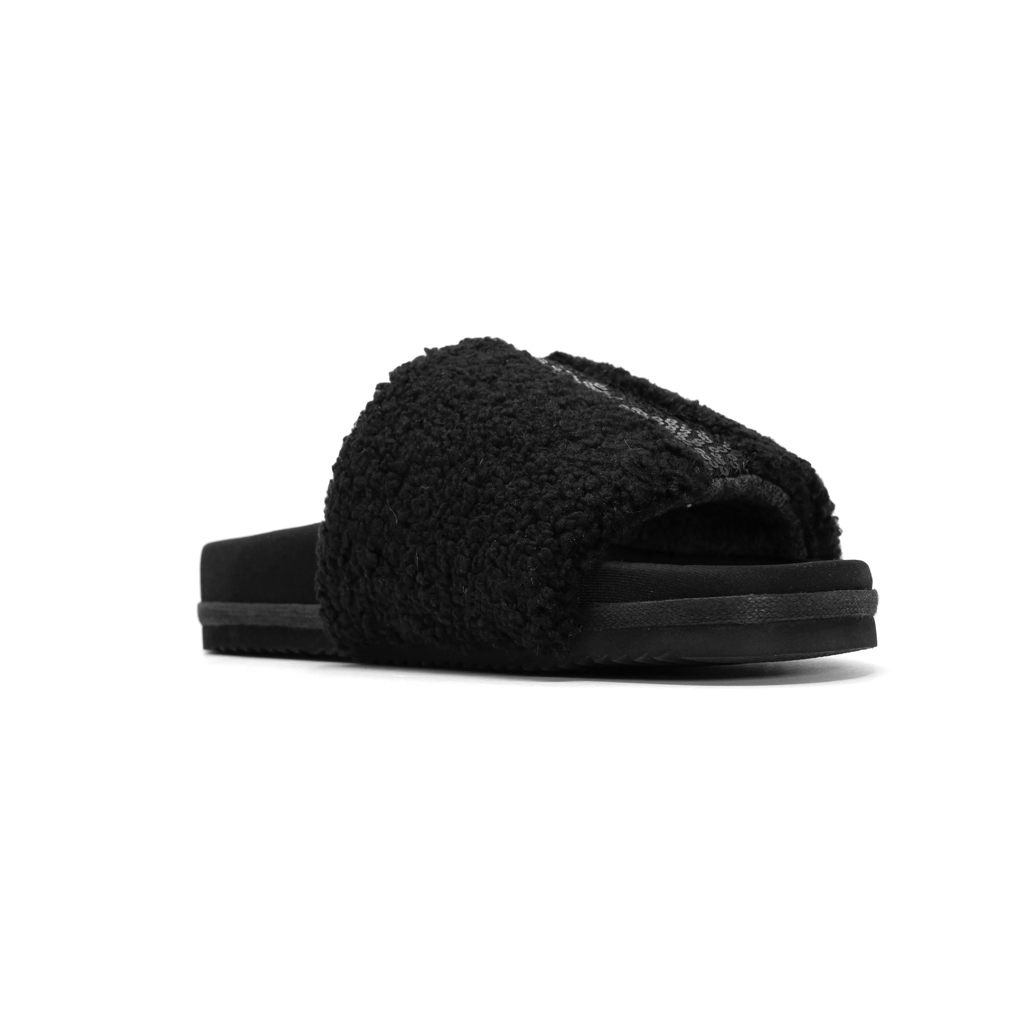 ROAM FUZZY PAILLETTE SLIDER BLACK FAUX SHEARLING