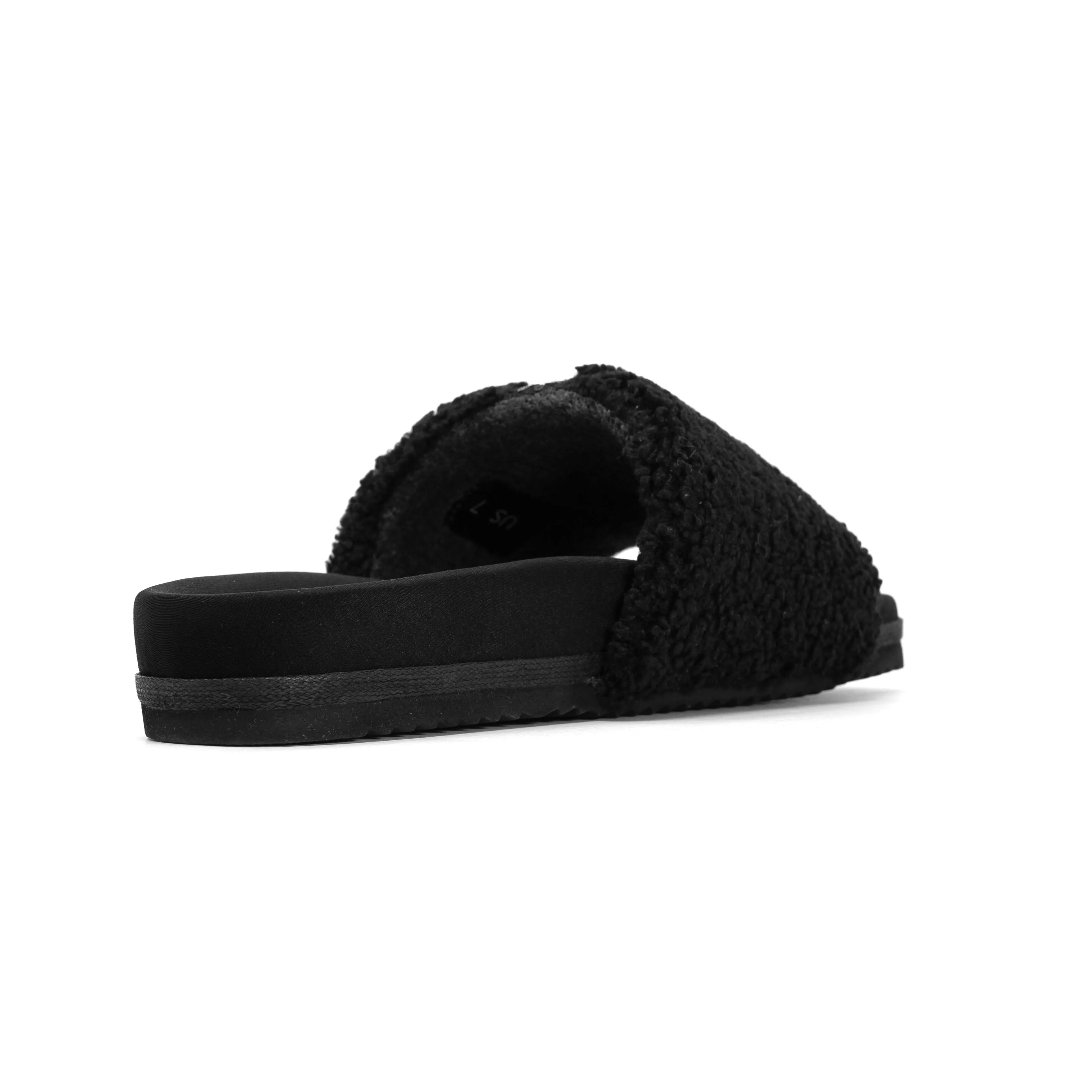 ROAM FUZZY PAILLETTE SLIDER BLACK FAUX SHEARLING