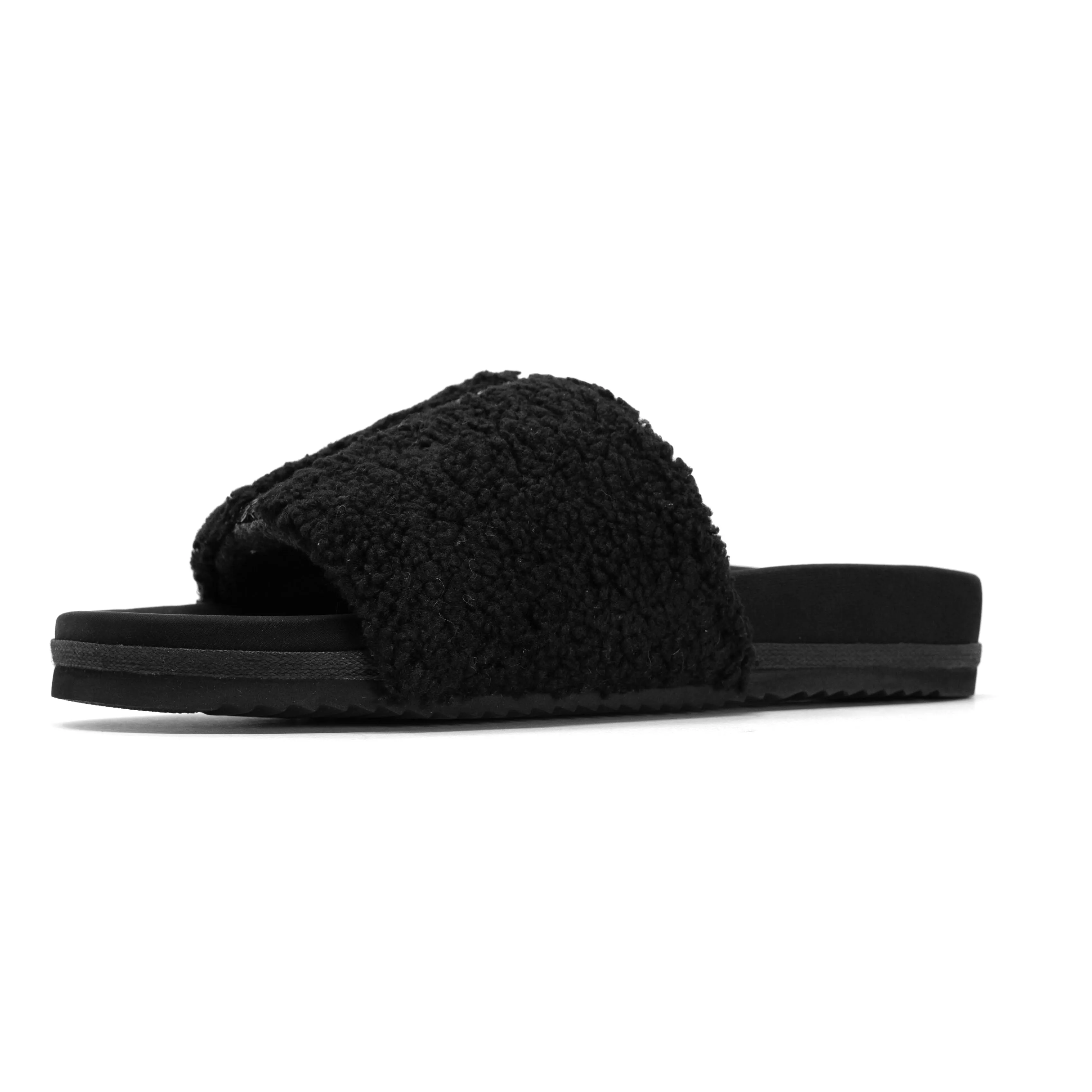 ROAM FUZZY PAILLETTE SLIDER BLACK FAUX SHEARLING
