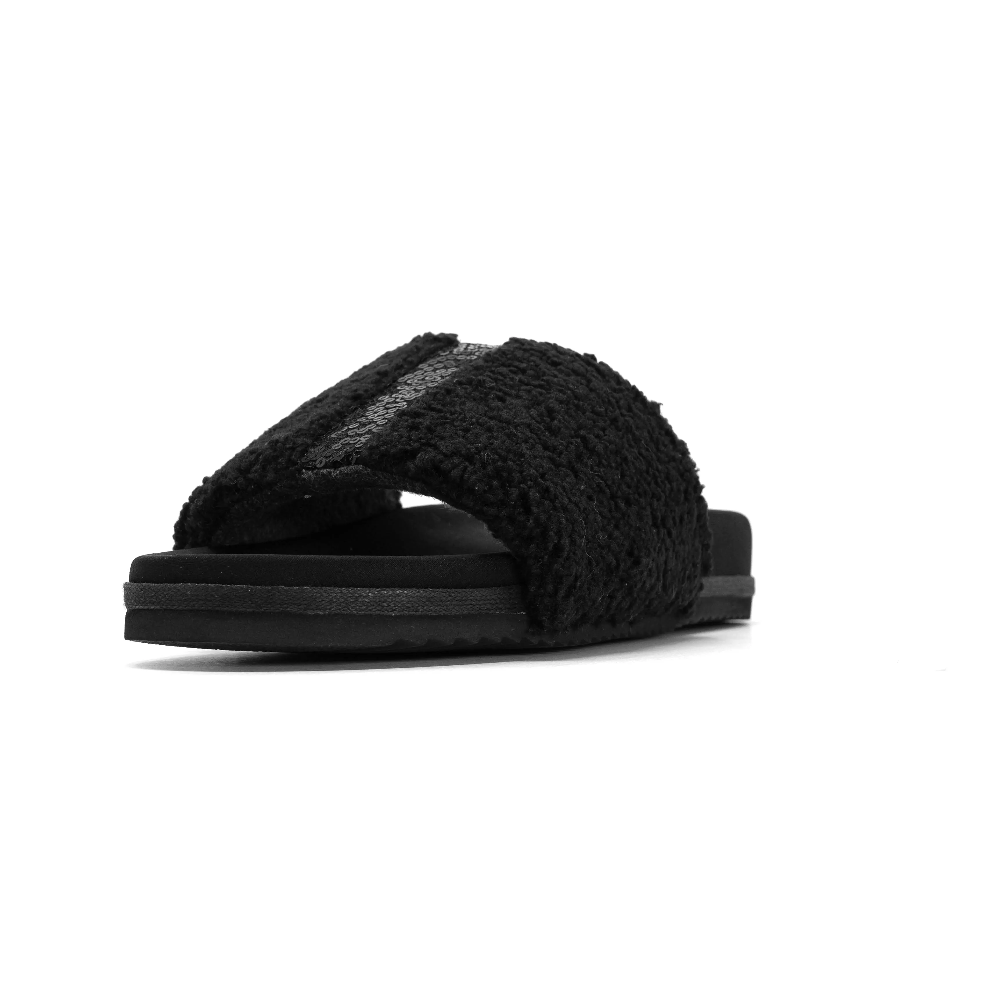 ROAM FUZZY PAILLETTE SLIDER BLACK FAUX SHEARLING