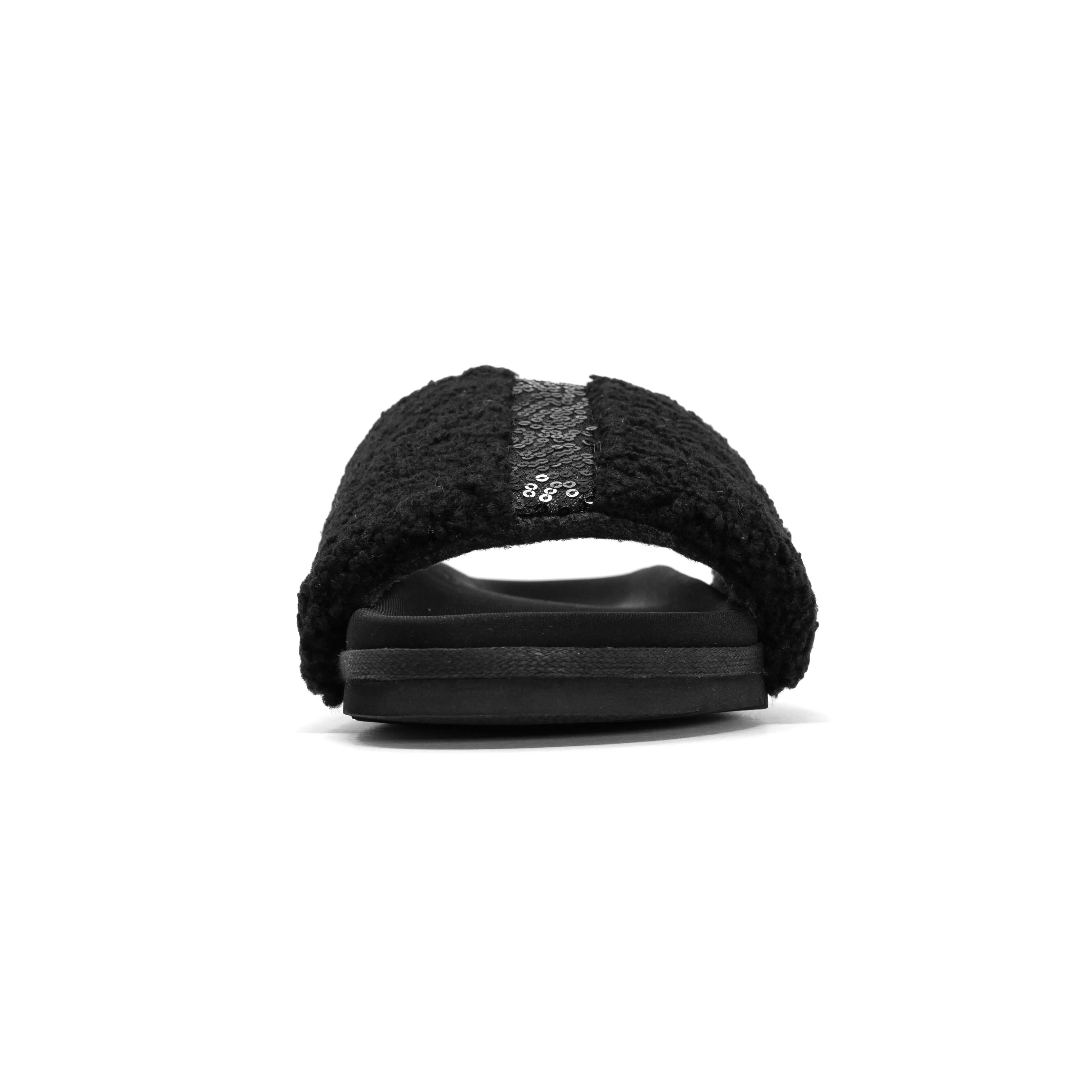 ROAM FUZZY PAILLETTE SLIDER BLACK FAUX SHEARLING