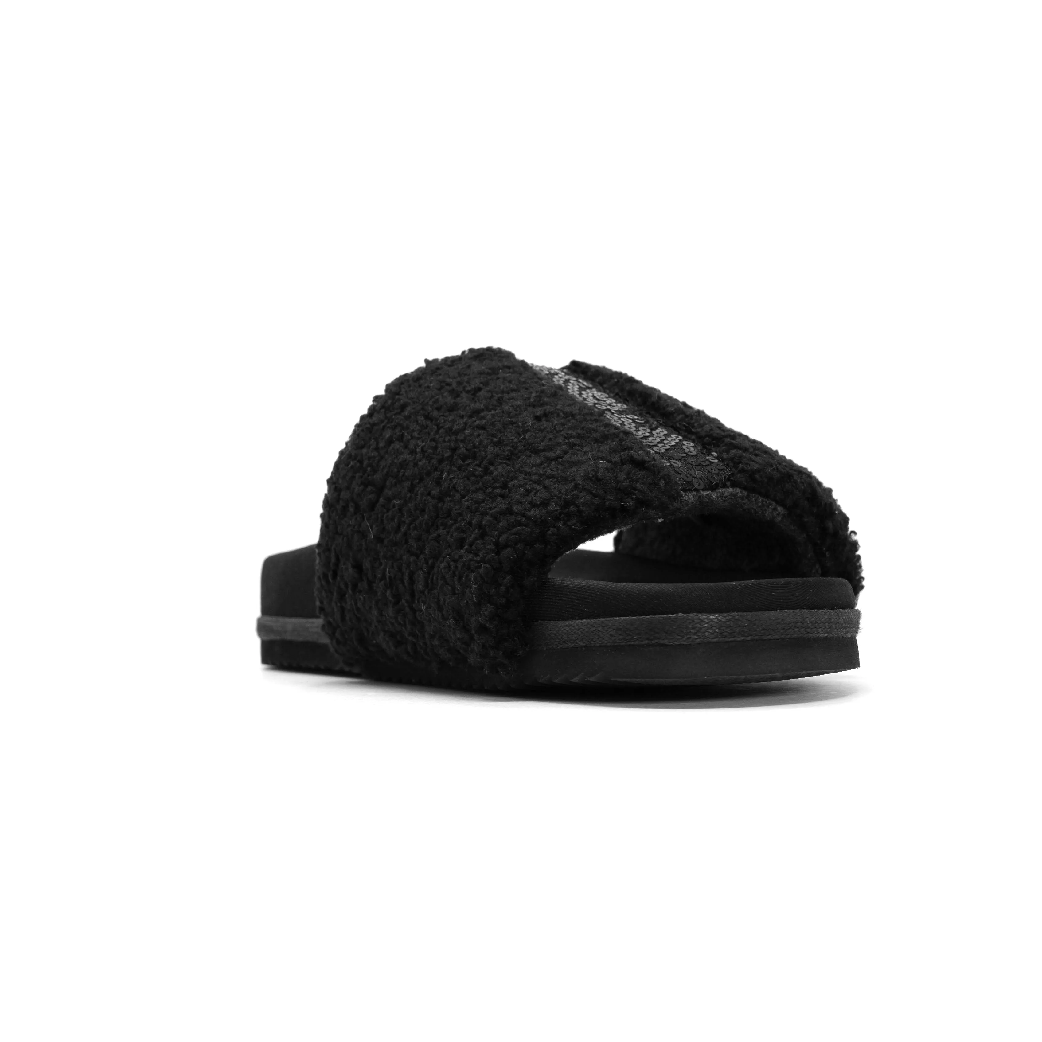 ROAM FUZZY PAILLETTE SLIDER BLACK FAUX SHEARLING