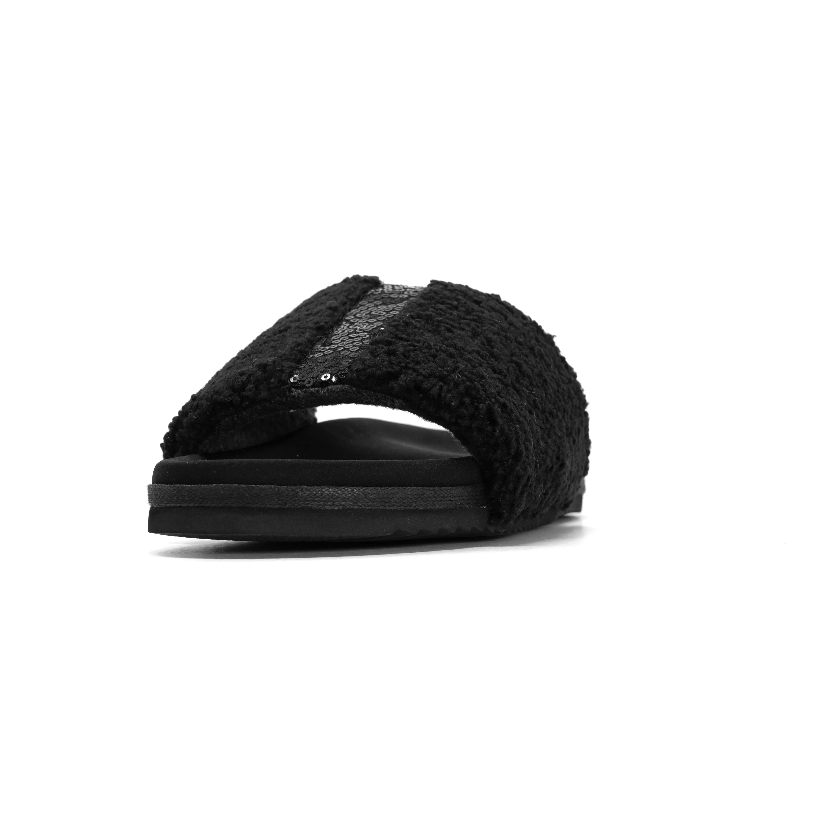 ROAM FUZZY PAILLETTE SLIDER BLACK FAUX SHEARLING