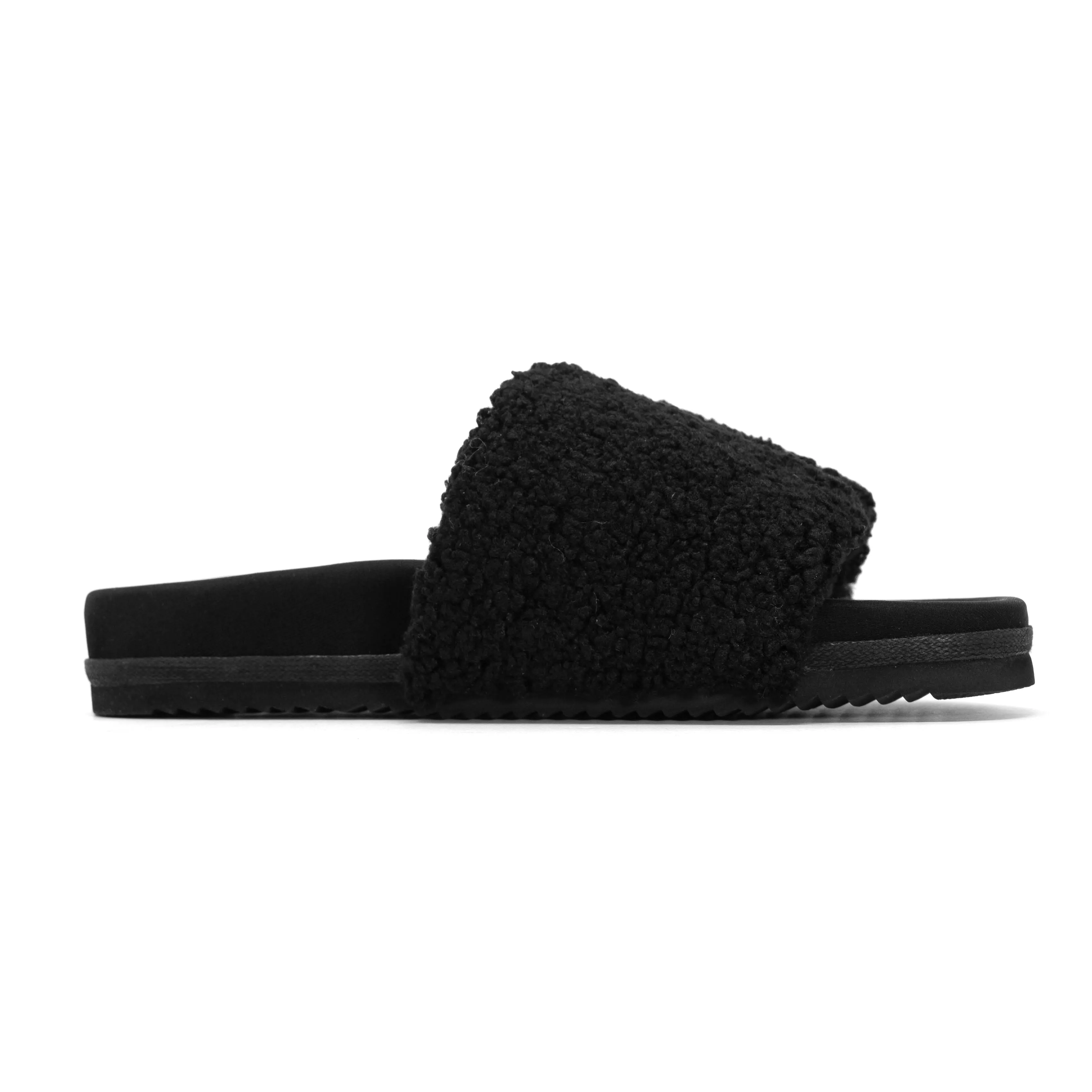 ROAM FUZZY PAILLETTE SLIDER BLACK FAUX SHEARLING