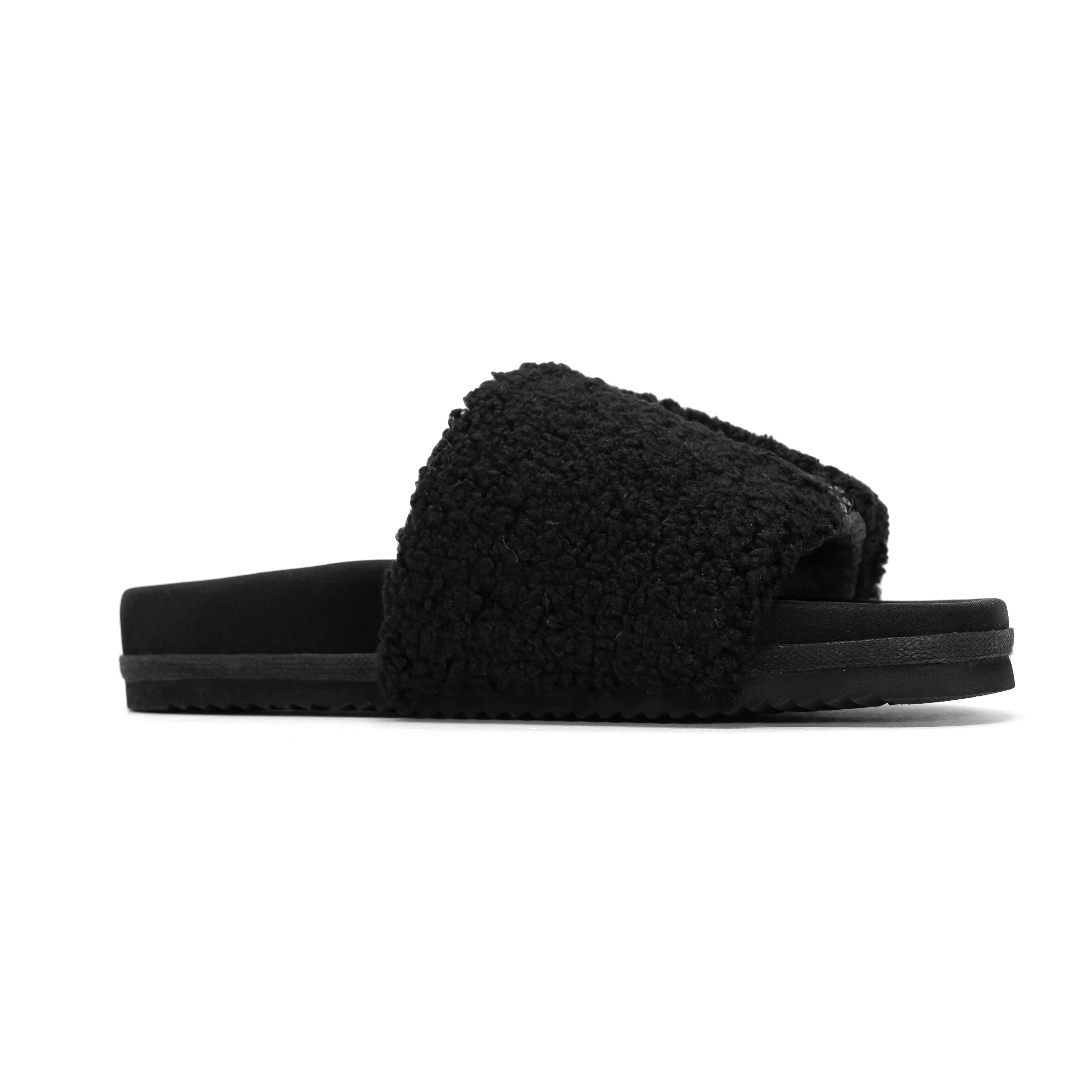 ROAM FUZZY PAILLETTE SLIDER BLACK FAUX SHEARLING