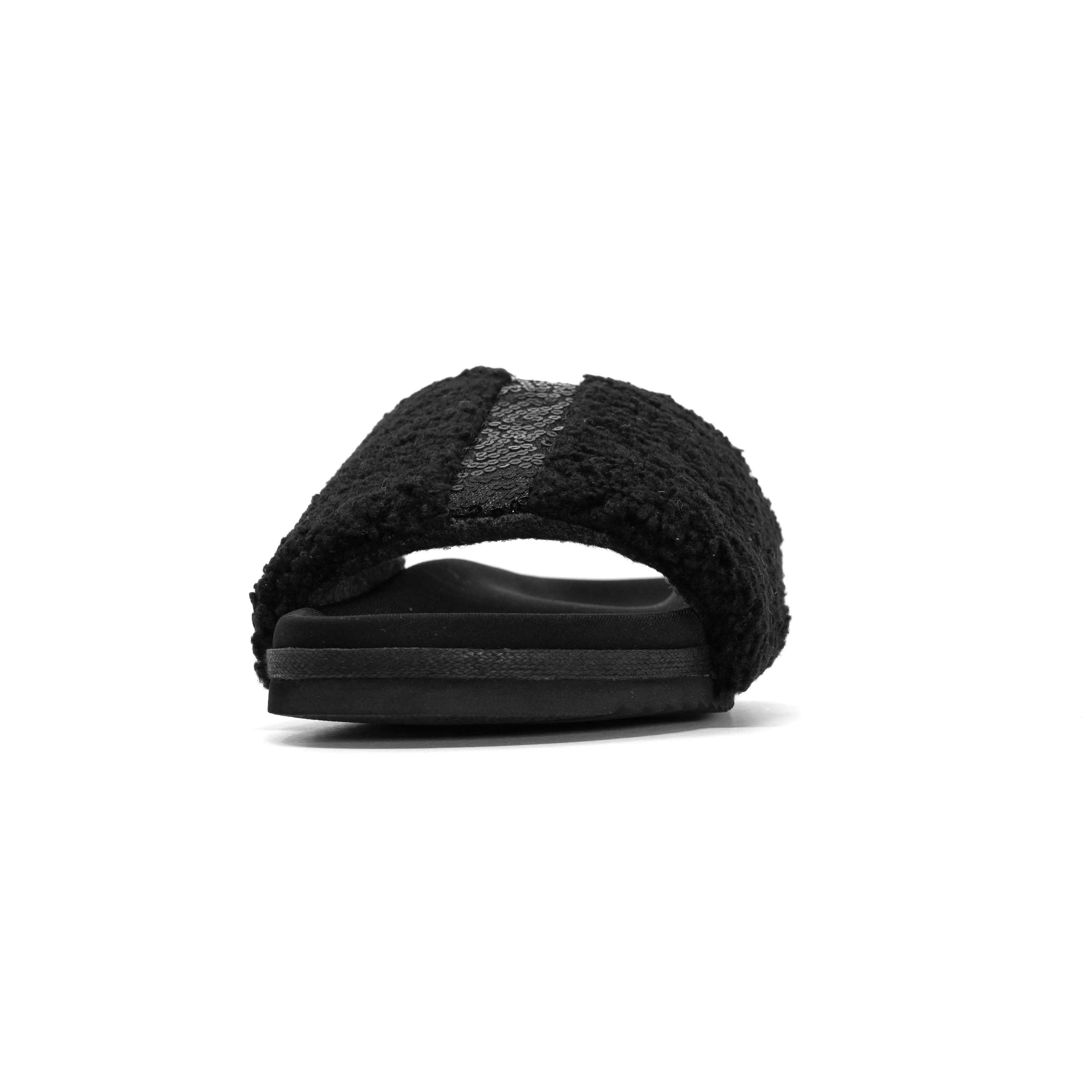 ROAM FUZZY PAILLETTE SLIDER BLACK FAUX SHEARLING