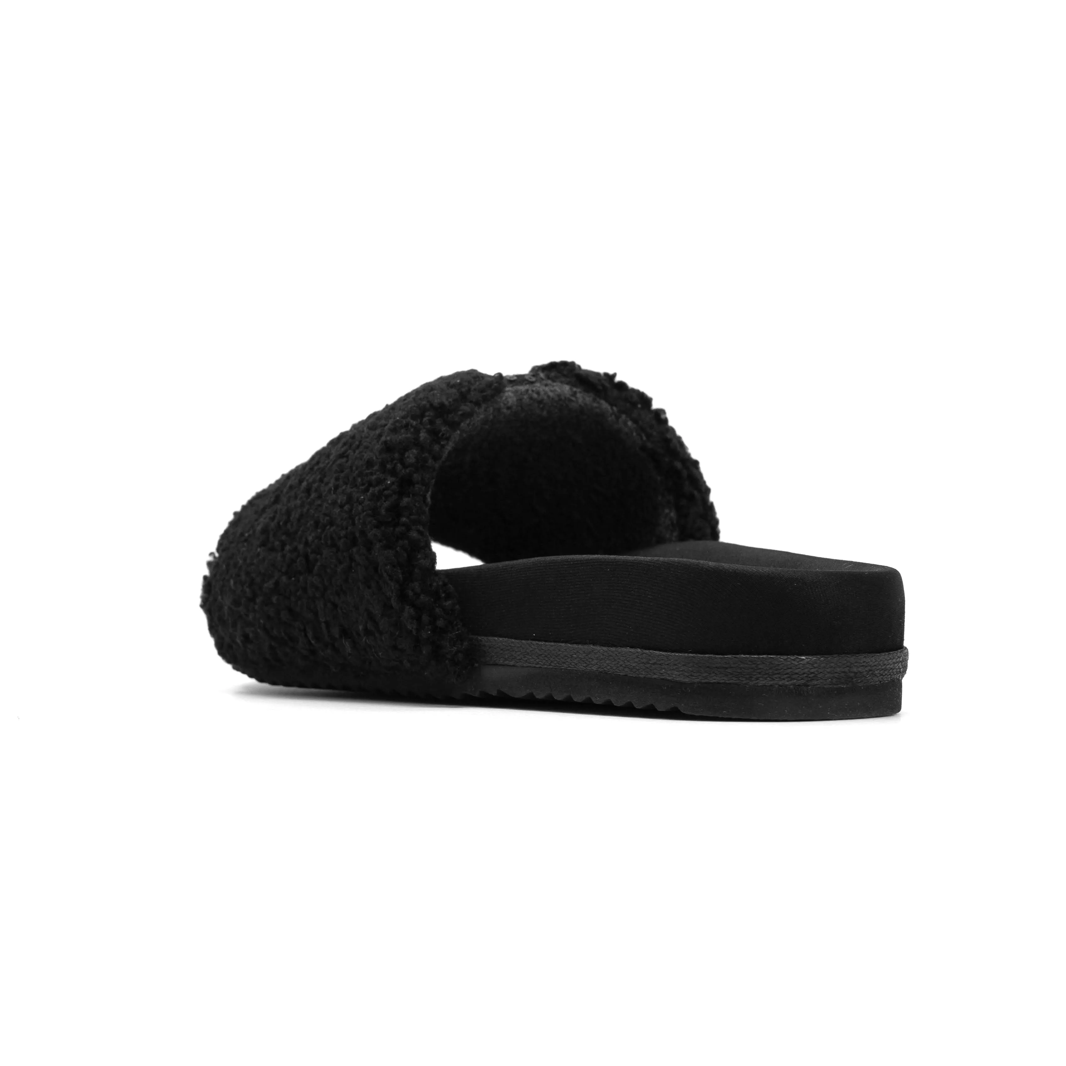 ROAM FUZZY PAILLETTE SLIDER BLACK FAUX SHEARLING