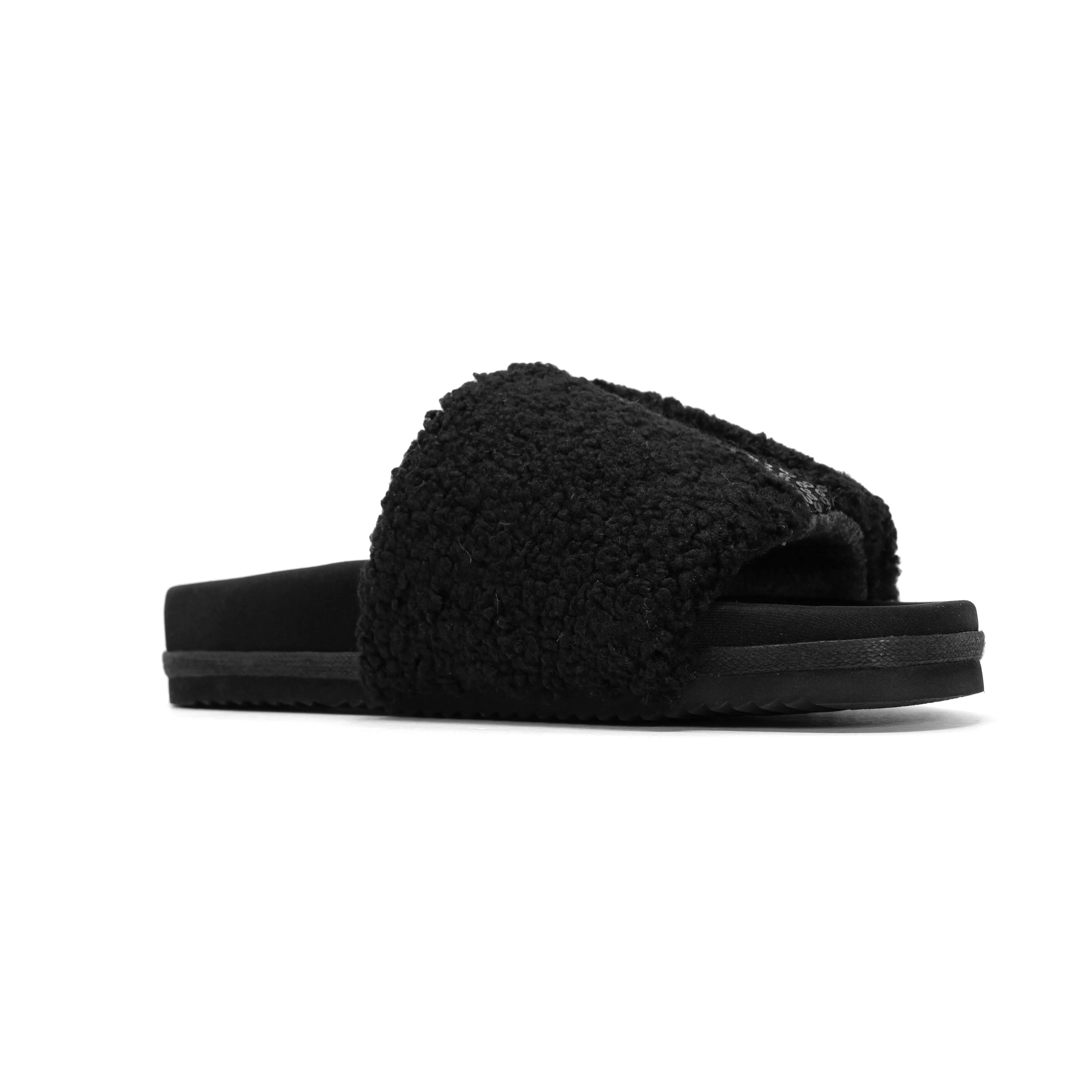 ROAM FUZZY PAILLETTE SLIDER BLACK FAUX SHEARLING