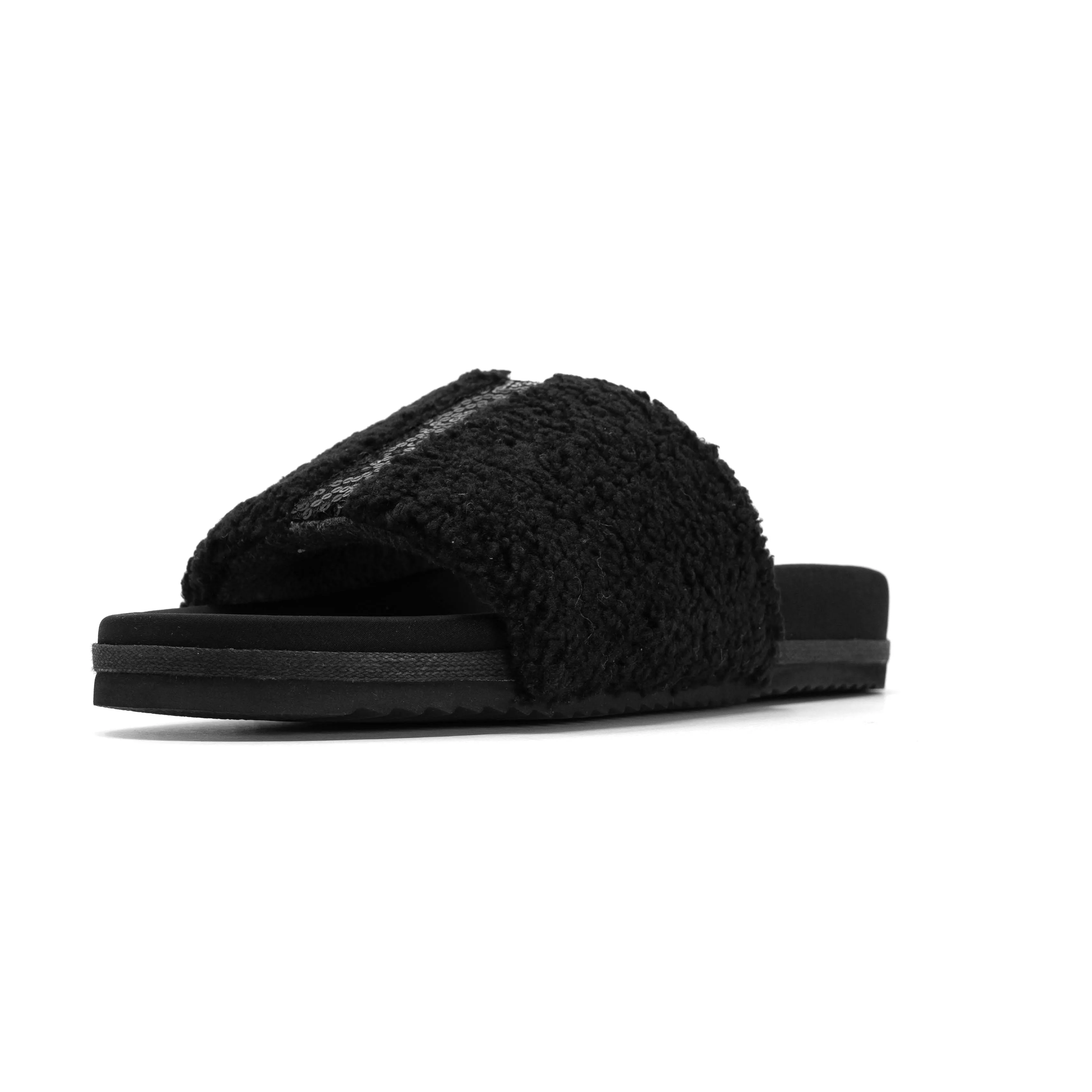 ROAM FUZZY PAILLETTE SLIDER BLACK FAUX SHEARLING