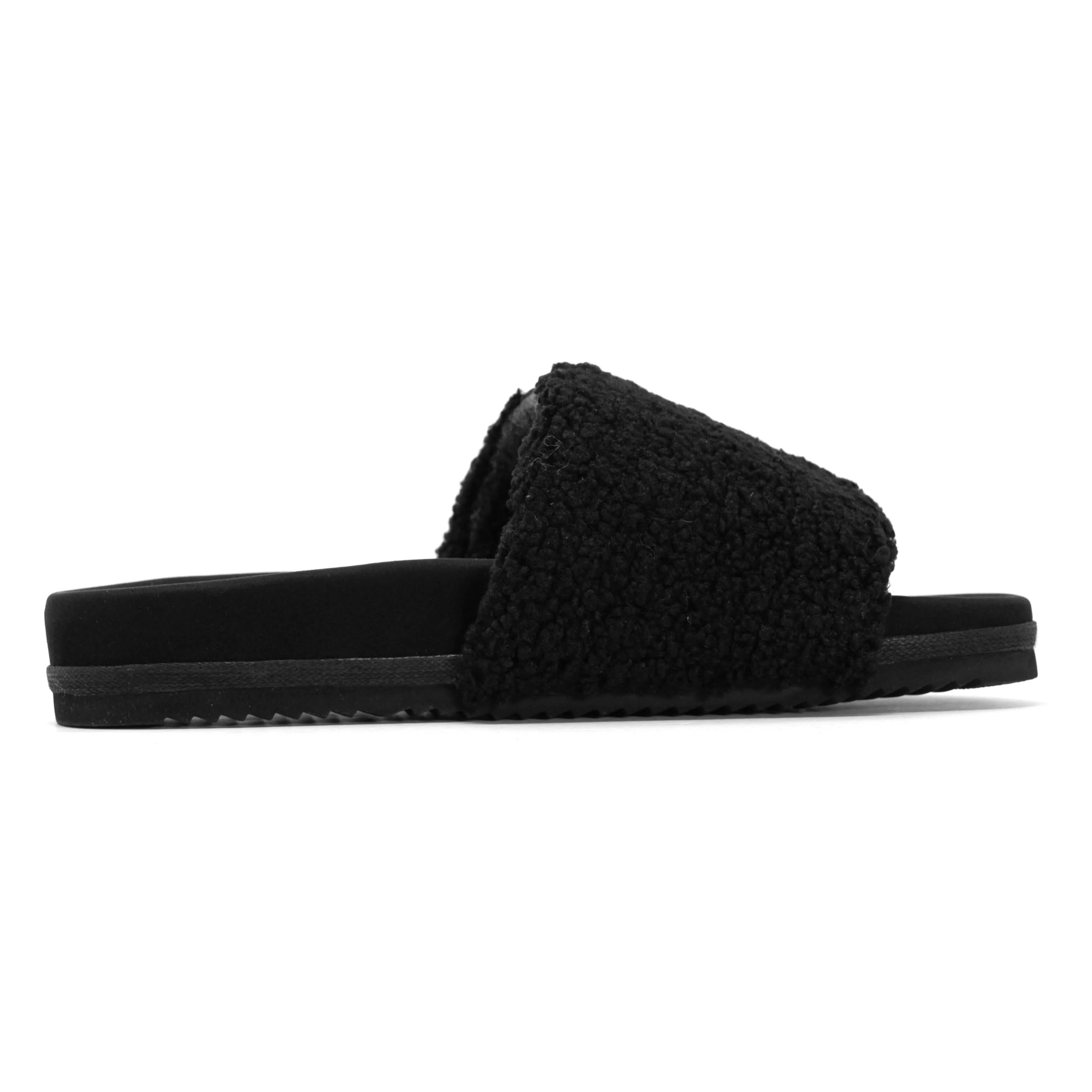 ROAM FUZZY PAILLETTE SLIDER BLACK FAUX SHEARLING