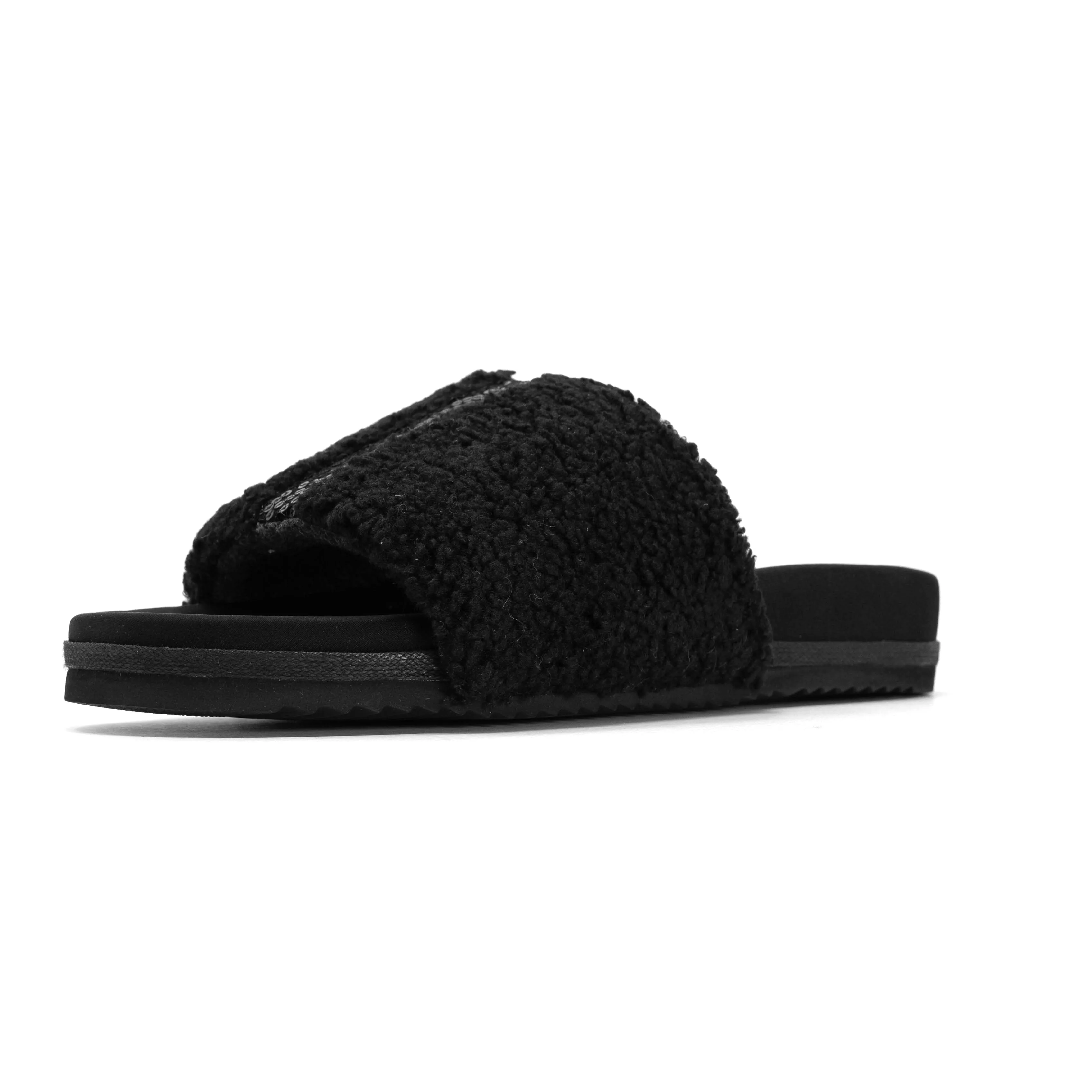 ROAM FUZZY PAILLETTE SLIDER BLACK FAUX SHEARLING