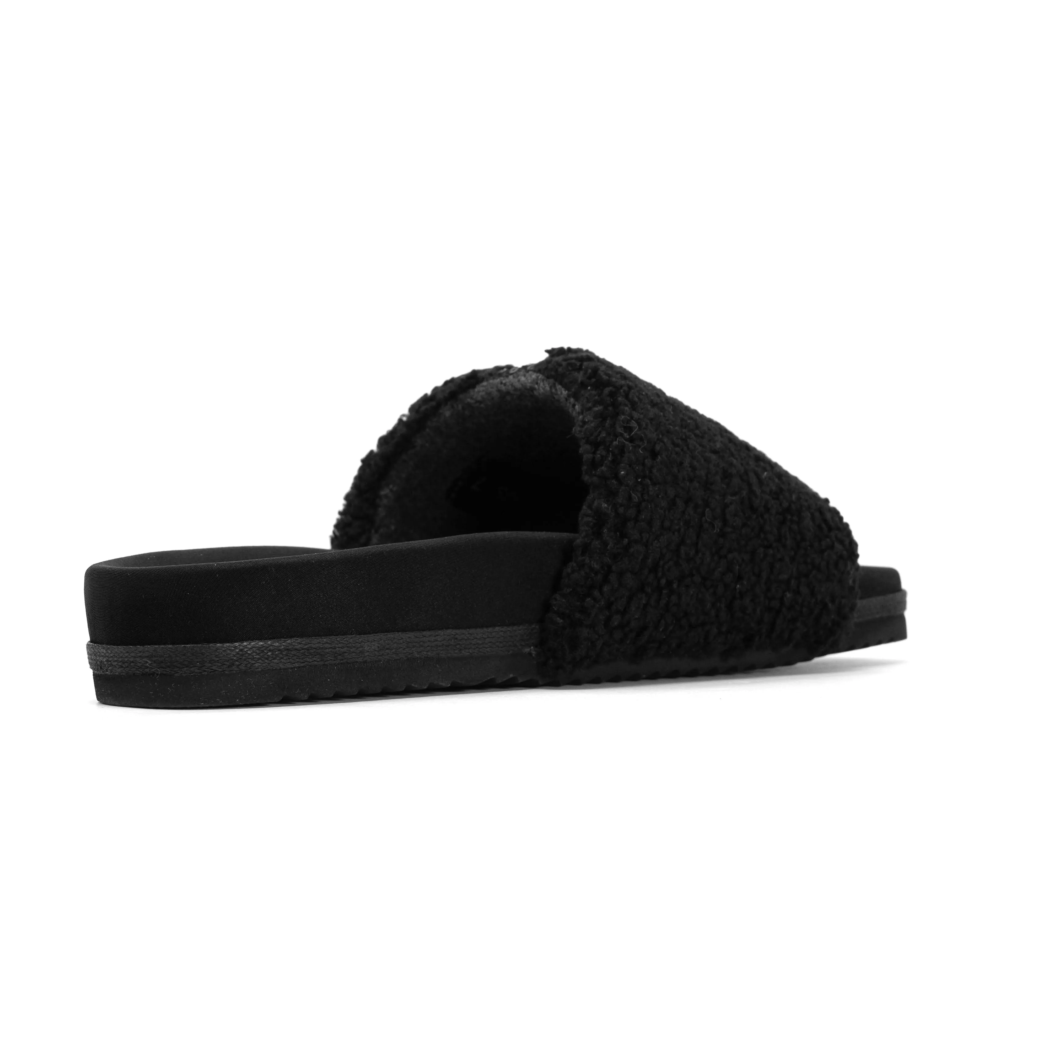 ROAM FUZZY PAILLETTE SLIDER BLACK FAUX SHEARLING