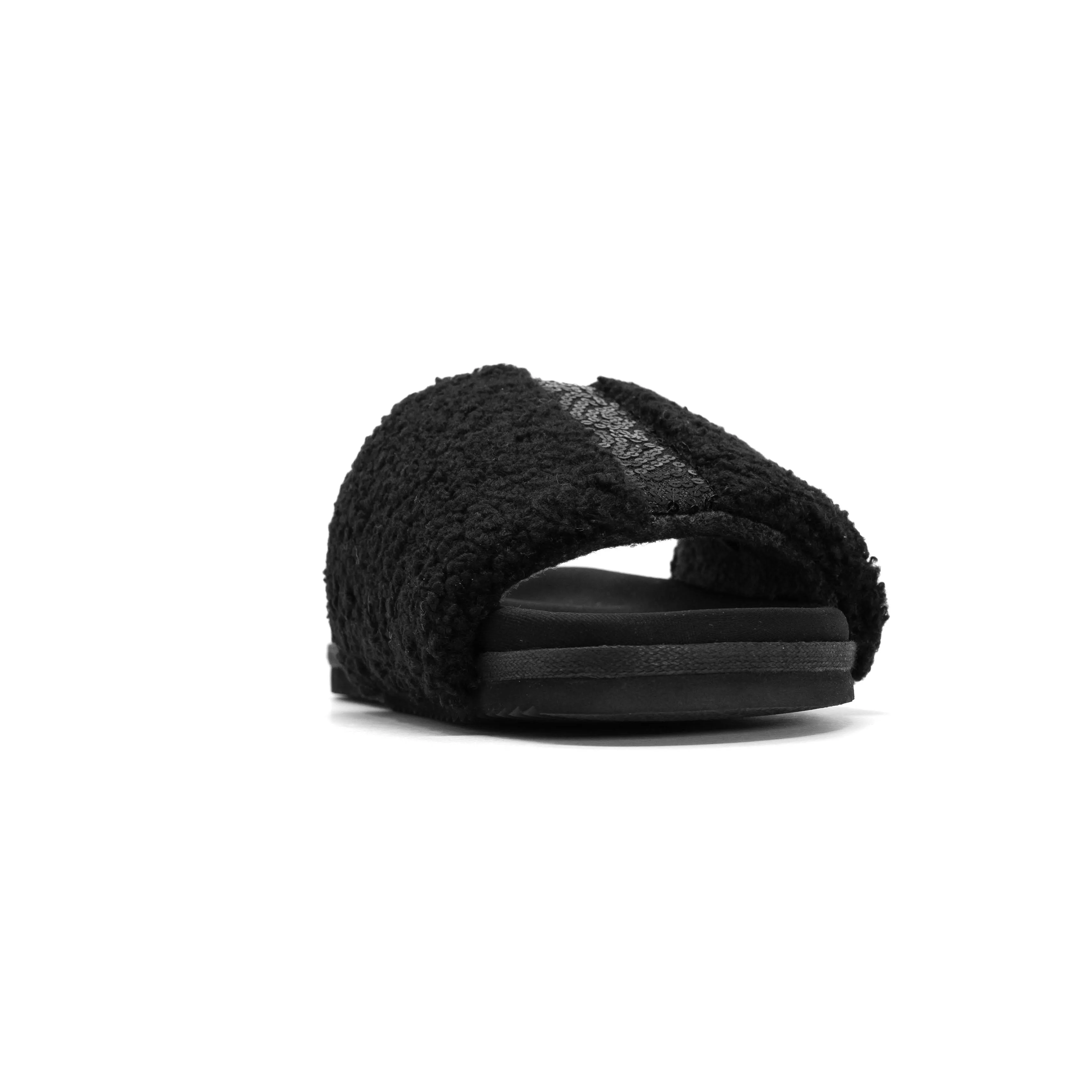 ROAM FUZZY PAILLETTE SLIDER BLACK FAUX SHEARLING