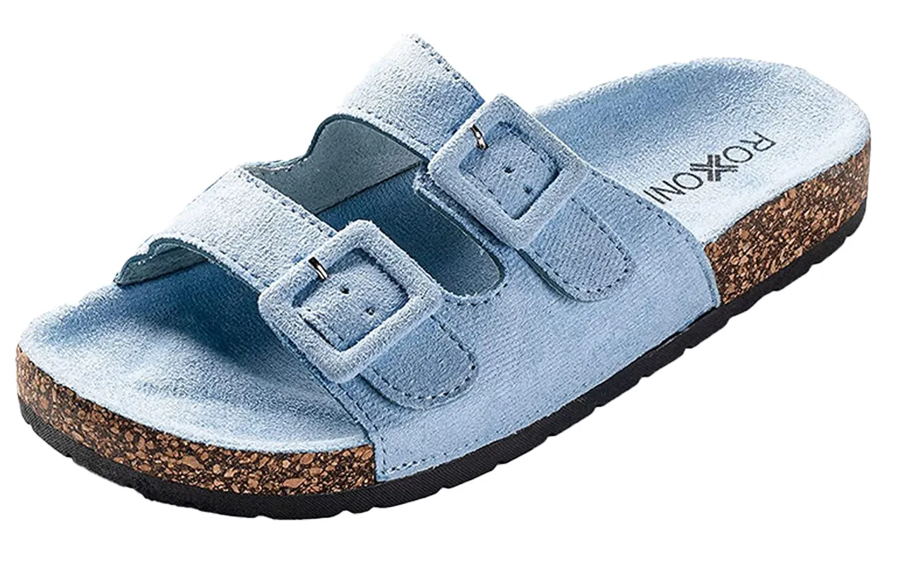 Roxoni Women Comfort Sandals Double Buckle Adjustable EVA Flat Slides Footbed Suede