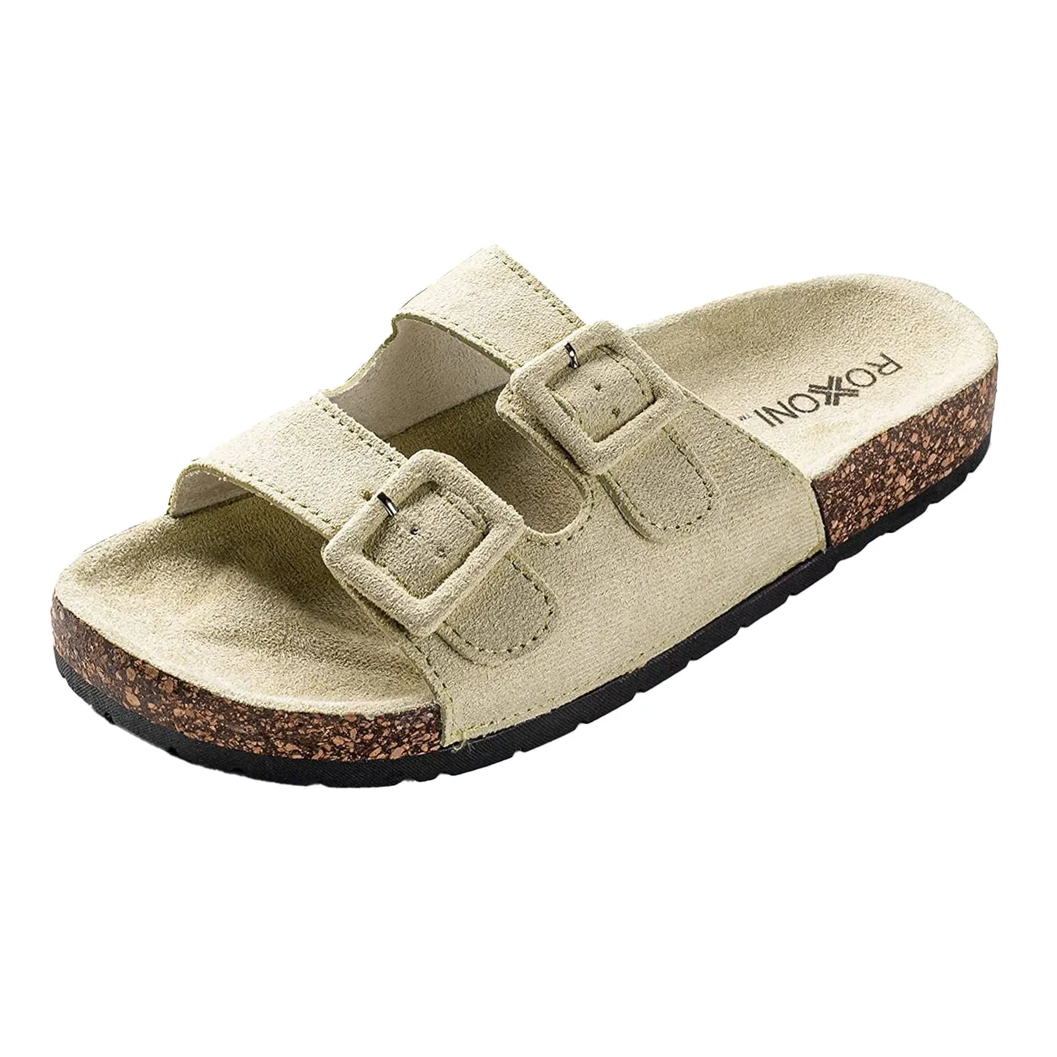 Roxoni Women Comfort Sandals Double Buckle Adjustable EVA Flat Slides Footbed Suede