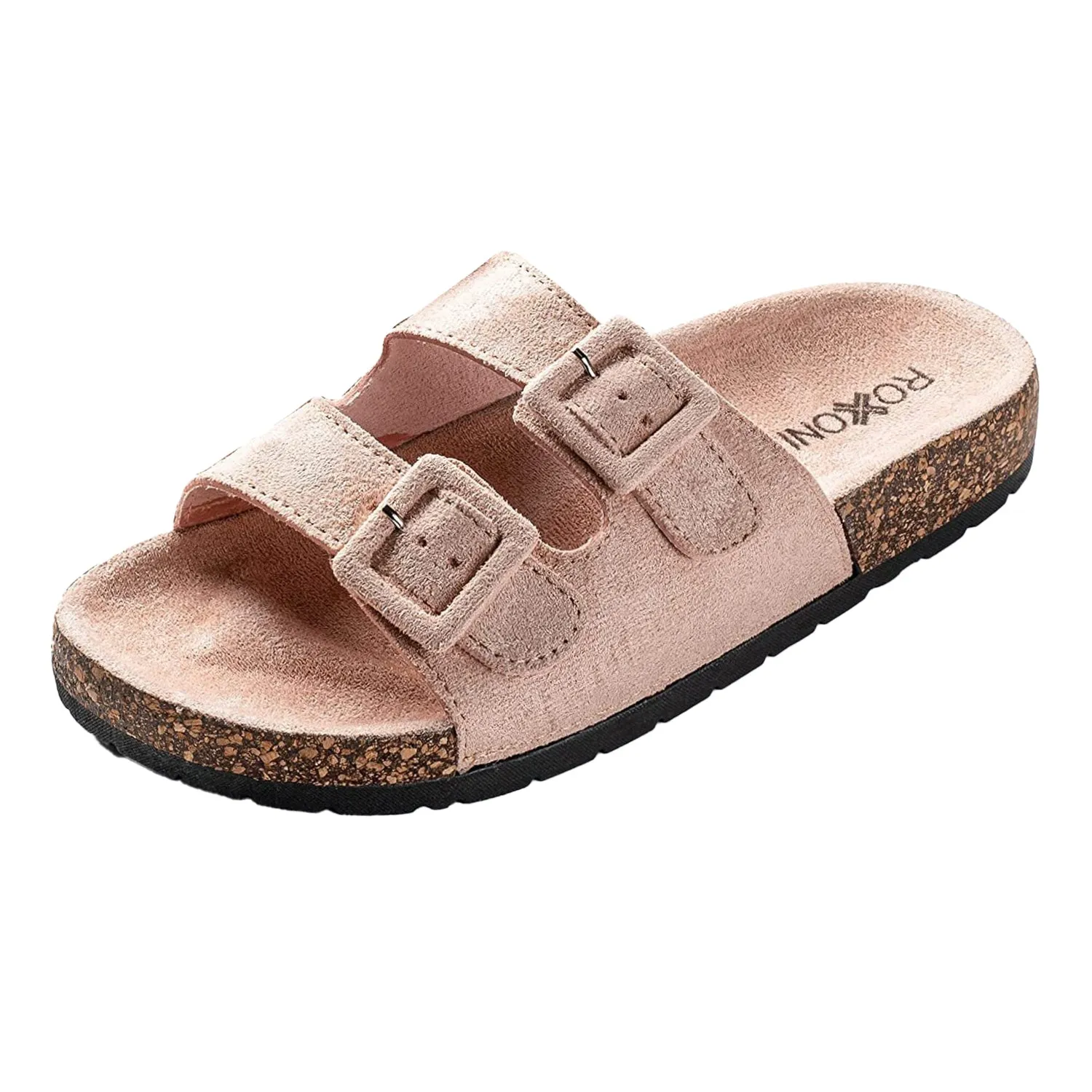 Roxoni Women Comfort Sandals Double Buckle Adjustable EVA Flat Slides Footbed Suede