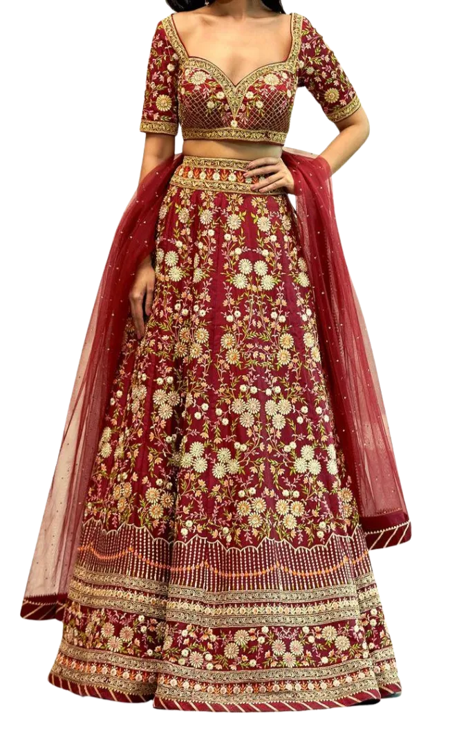 SAMPLE SALE: Red Floral Embroidered Lehenga Set