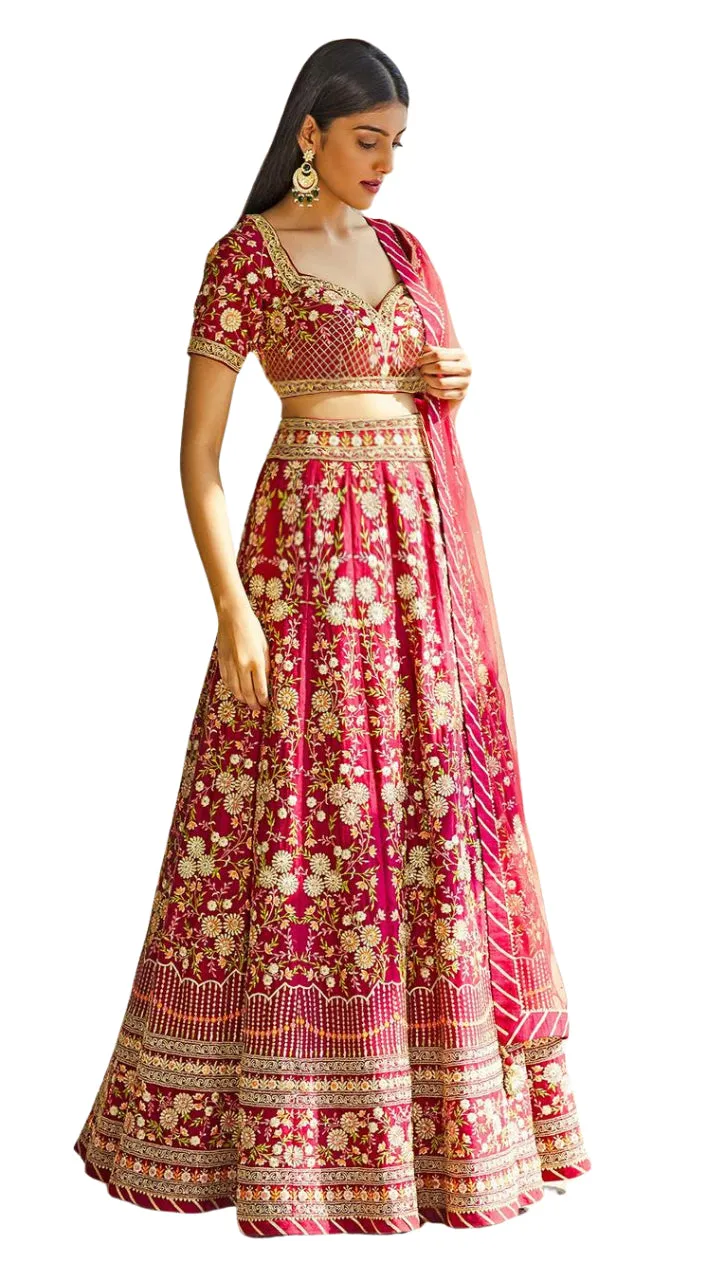 SAMPLE SALE: Red Floral Embroidered Lehenga Set