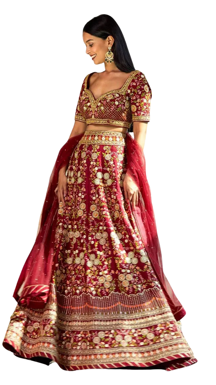 SAMPLE SALE: Red Floral Embroidered Lehenga Set