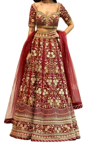 SAMPLE SALE: Red Floral Embroidered Lehenga Set