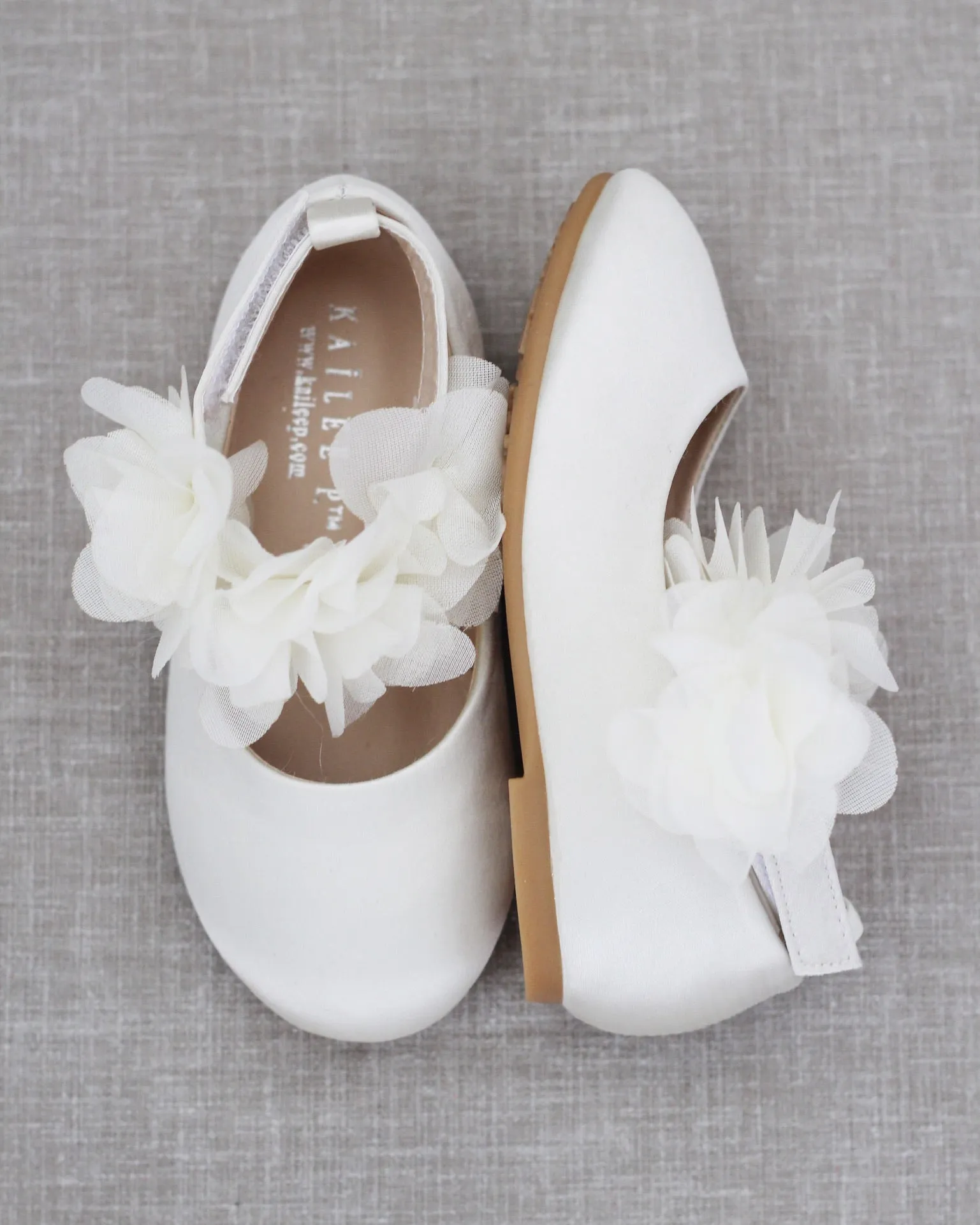 Satin Flats with Chiffon Flowers Ankle Strap