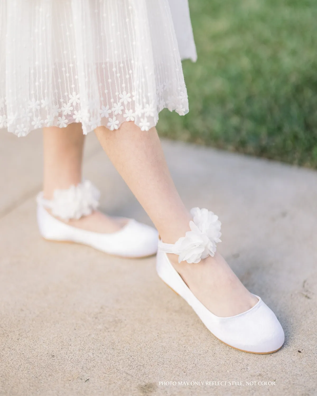Satin Flats with Chiffon Flowers Ankle Strap