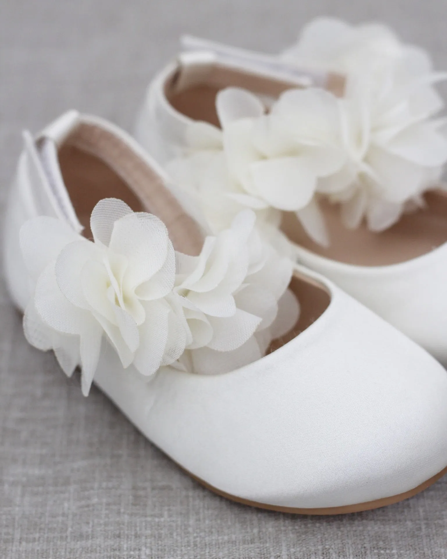 Satin Flats with Chiffon Flowers Ankle Strap