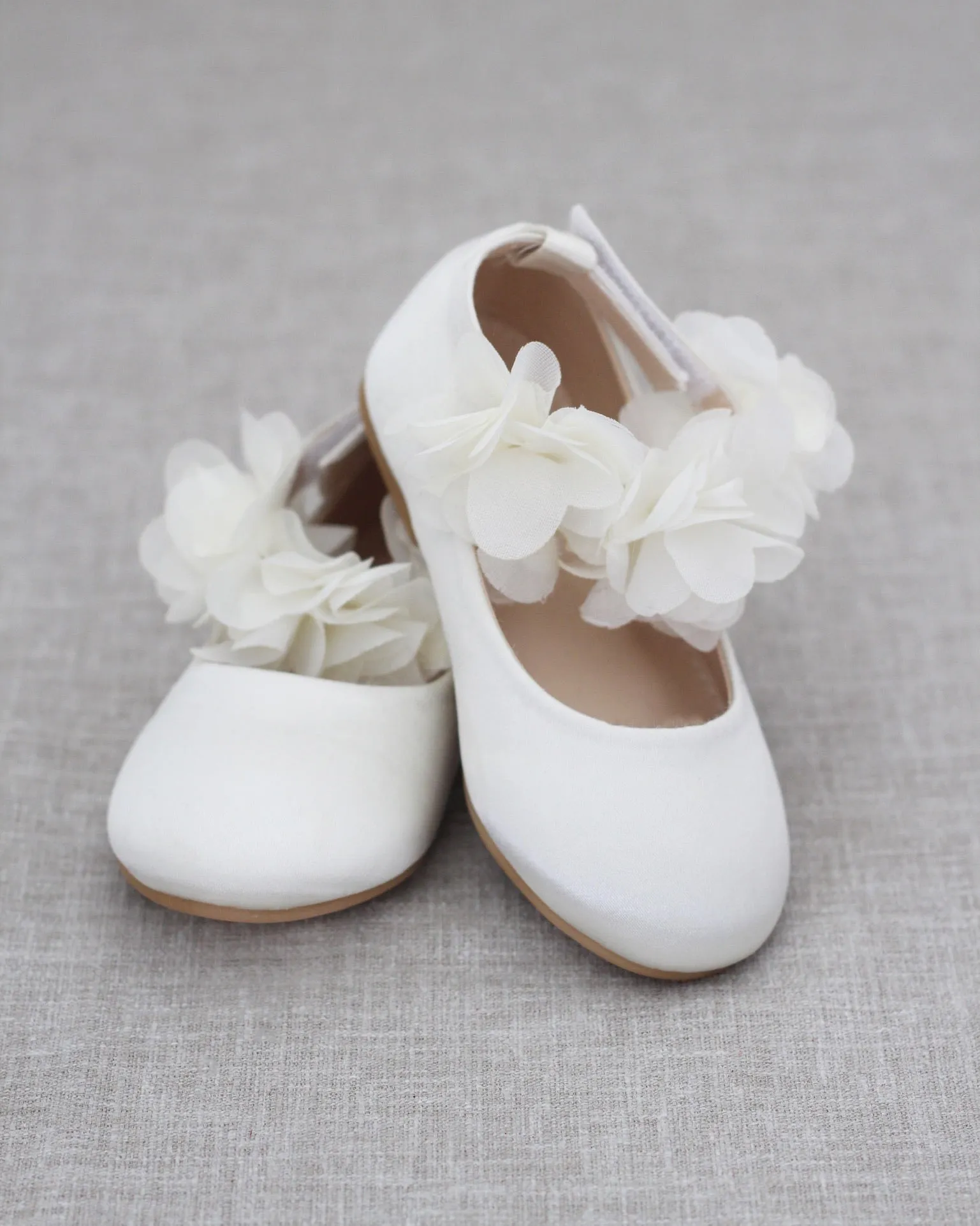 Satin Flats with Chiffon Flowers Ankle Strap