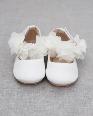 Satin Flats with Chiffon Flowers Ankle Strap