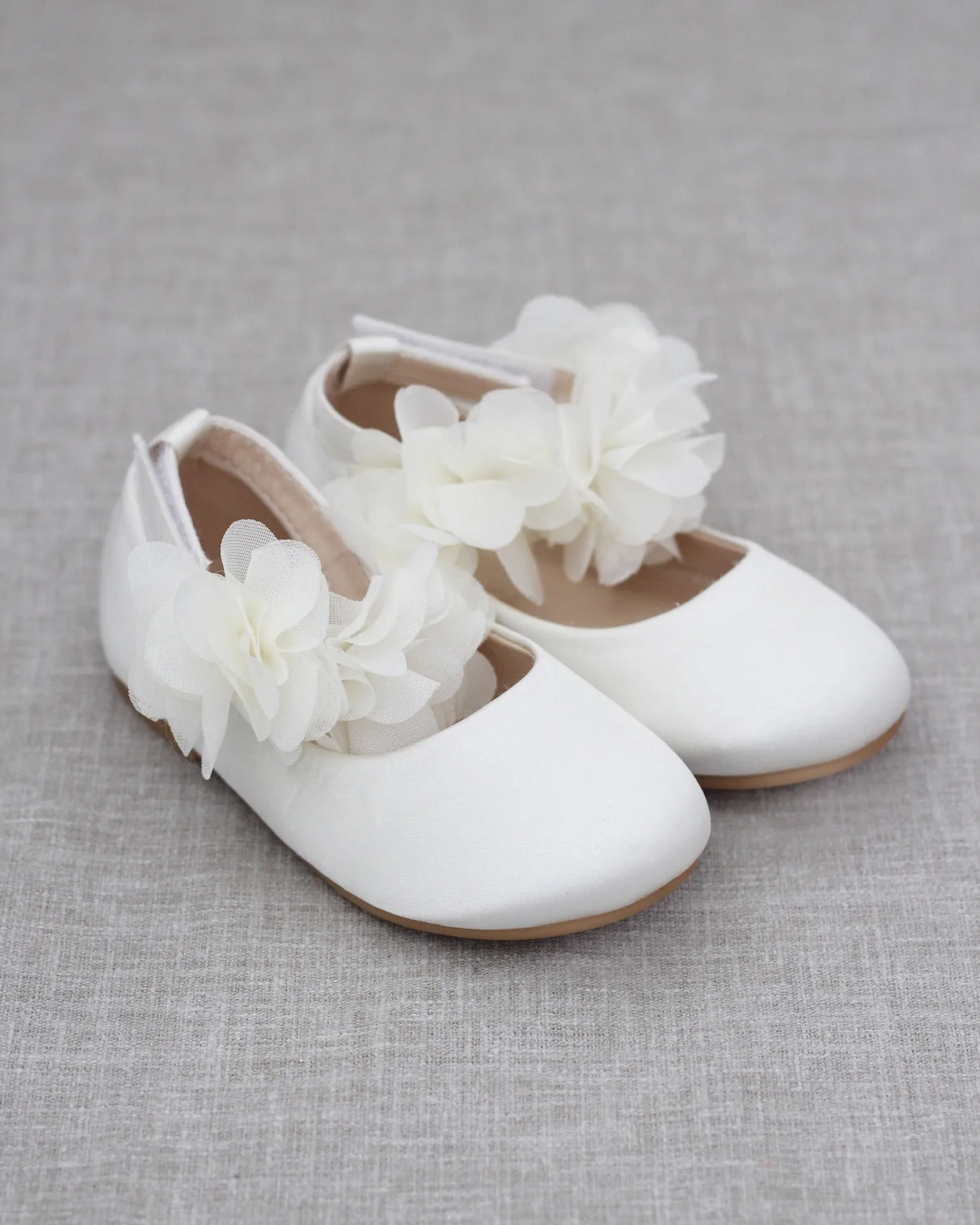 Satin Flats with Chiffon Flowers Ankle Strap
