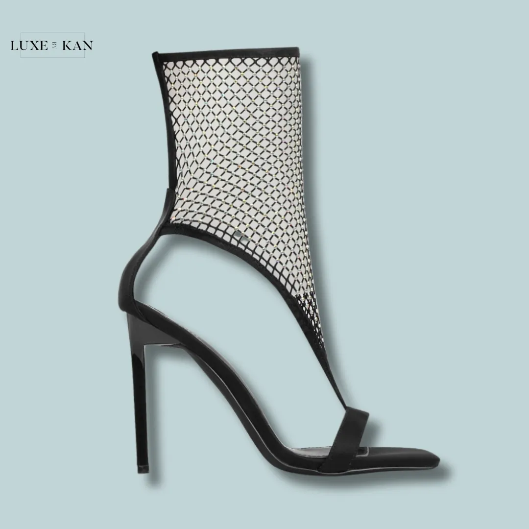 SIMMI SHOES VENYI BLACK TOE THONG DIAMANTE MESH HEELED SANDALS