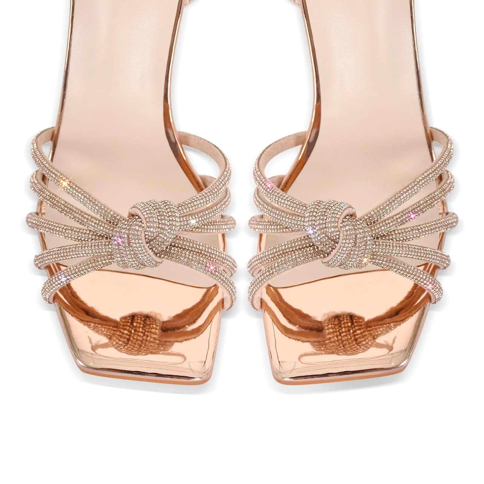 Square Toe Rhinestone Strap Clear Heel Sandals
