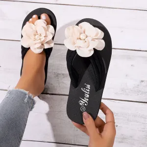 Summer Beach Style Thong Slippers for Women with Flower and Pearl