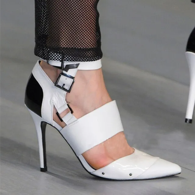 Summer Black And White Leather Patchwork Pumps Ankle Strap Female Runwway Thick Band  Buckled High Heels Shoes Sandalias