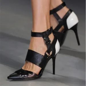 Summer Black And White Leather Patchwork Pumps Ankle Strap Female Runwway Thick Band  Buckled High Heels Shoes Sandalias
