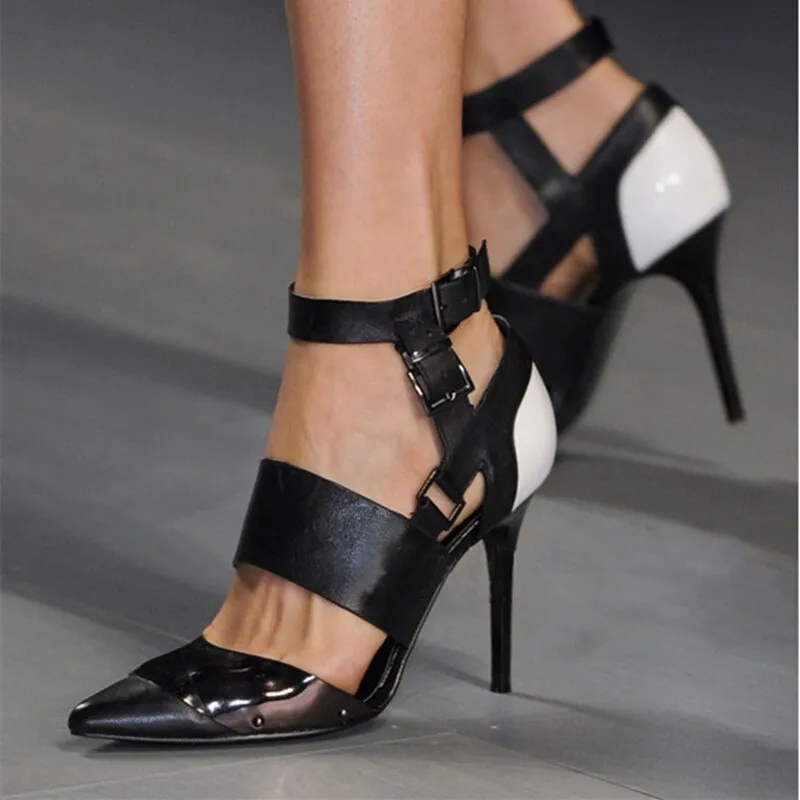 Summer Black And White Leather Patchwork Pumps Ankle Strap Female Runwway Thick Band  Buckled High Heels Shoes Sandalias