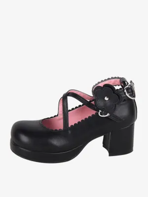 Sweet Lolita Footwear Black Bow Applique Round Toe PU Leather Lolita Shoes